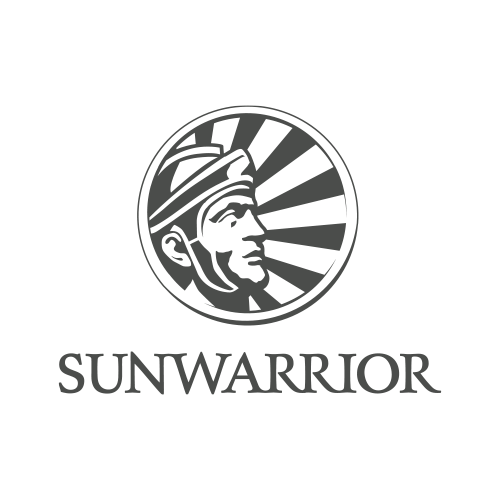 The brand logo for Sunwarrior, featuring a circular emblem with a stylized profile of a helmeted warrior and radiating sunburst stripes, above the word 'SUNWARRIOR' in a serif typeface.