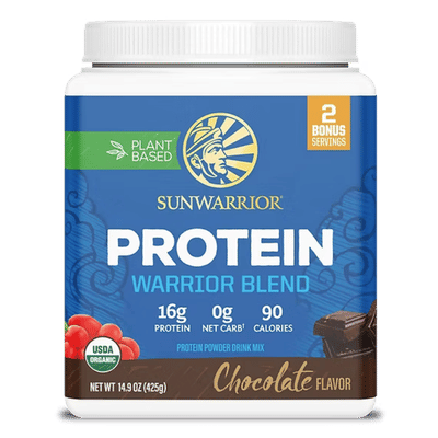A tub of Sunwarrior Protein Warrior Blend chocolate flavor protein powder drink mix.