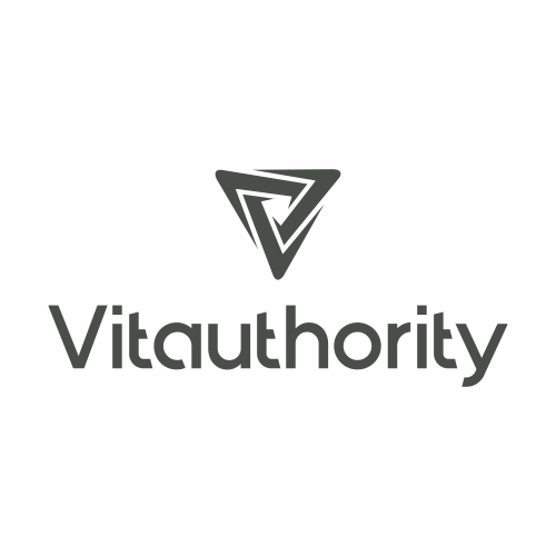 The Vitauthority logo in gray, featuring a stylized triangular emblem above the brand name 'Vitauthority' in a clean, sans-serif font.